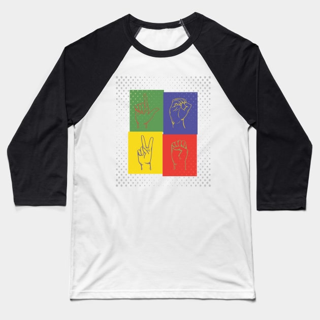 Deaf Culture, Love pop art, colorful and fun for ASL and Deaf Community, American sign language Baseball T-Shirt by laverdeden